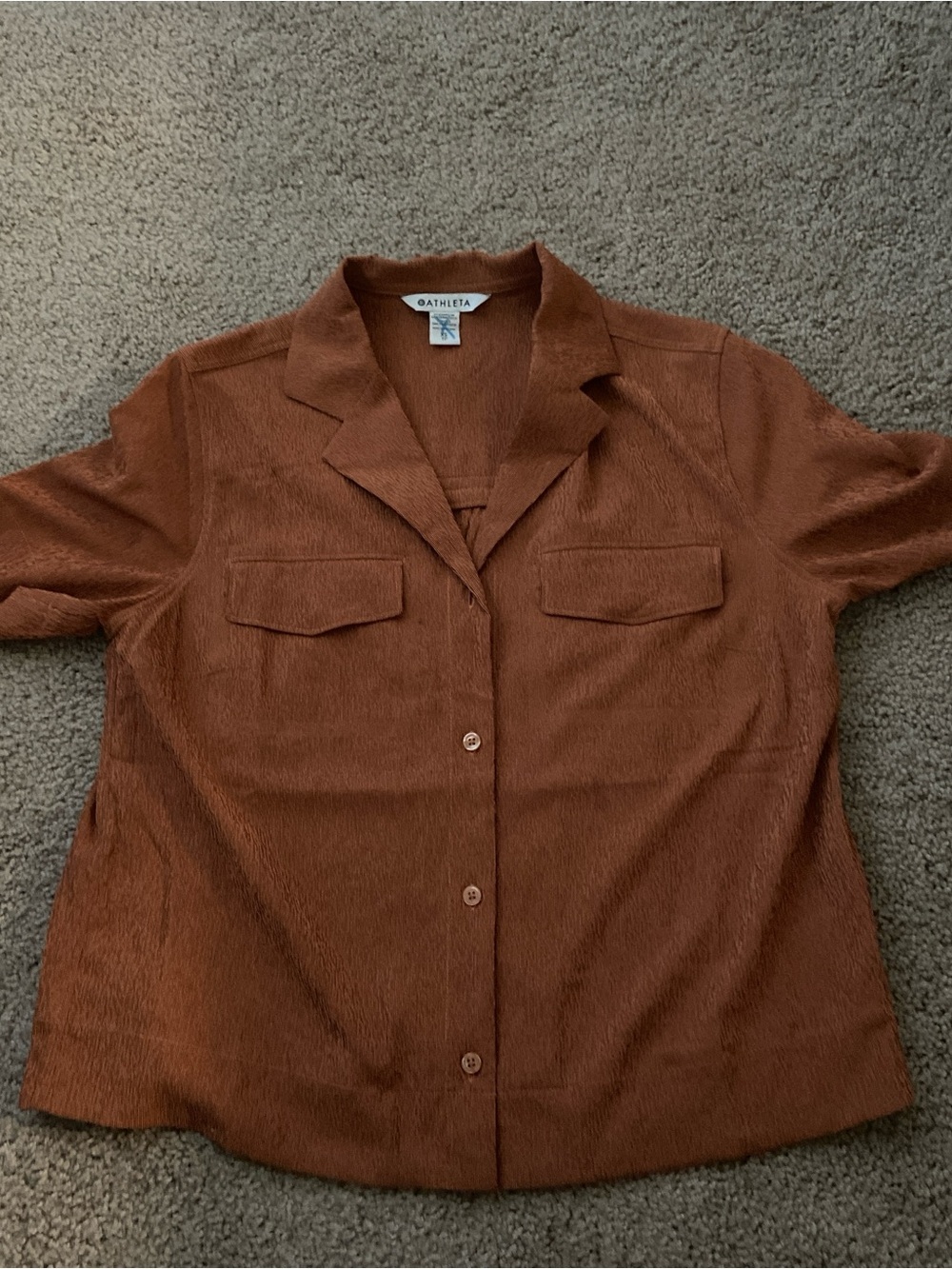 Athleta Brown Short-Sleeve Button-Front Camp Collar Shirt